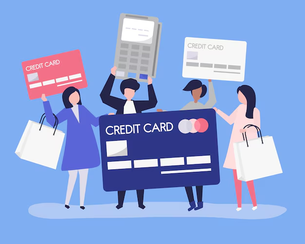 credit cards, a payment terminal, and shopping ,representing financial transactions and consumer spending."