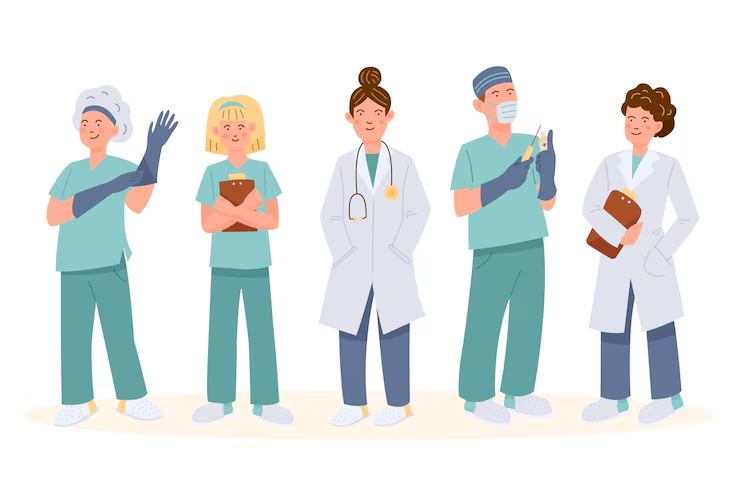 a group of people wearing scrubs and medical uniforms