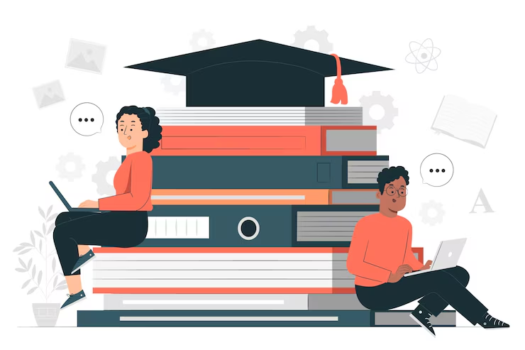 a man and woman sitting on a stack of books with a graduation cap