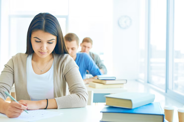 a woman writing on paper in front of a group of people