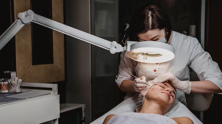 A professional dermatologist in a white coat consulting with a patient in a clinic, representing career growth in dermatology
