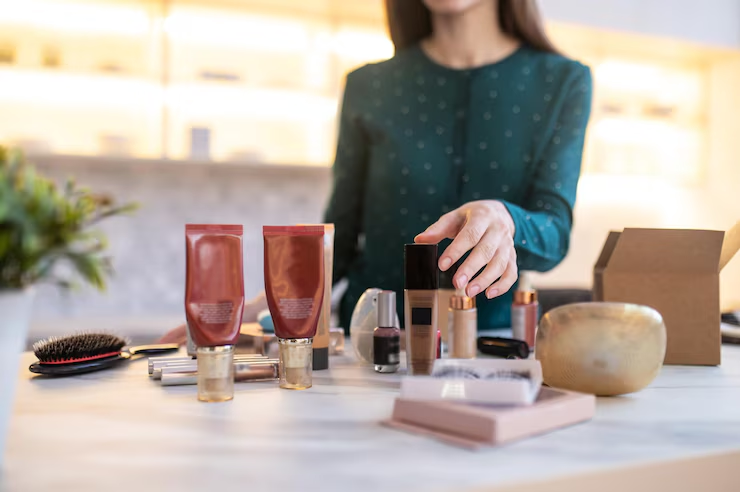 A young female entrepreneur mixing natural skincare ingredients at her home studio, starting her own skincare brand.