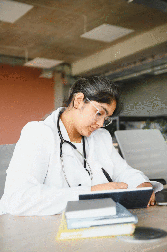 Medical student in a foreign classroom looking thoughtful or overwhelmed, with textbooks and cultural elements in the background — highlighting the academic and cultural challenges of studying MBBS abroad.

