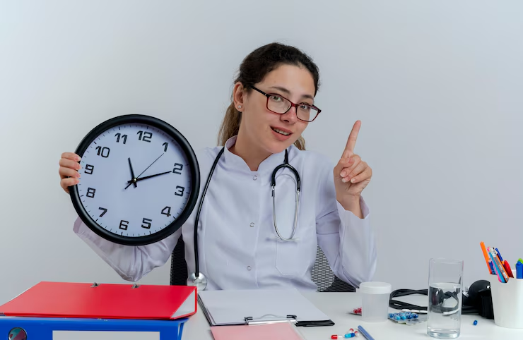 Timeline graphic or thoughtful student surrounded by books and a calendar — illustrating the years of study and training required to become a doctor.