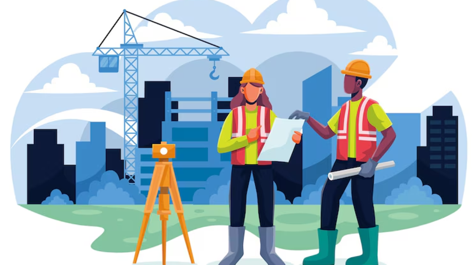 a man and woman wearing hard hats and vests standing next to a construction site
