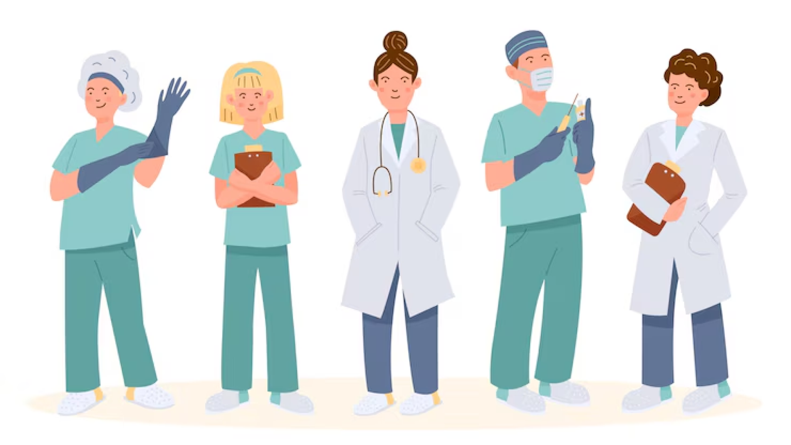 a group of people wearing scrubs and medical uniforms